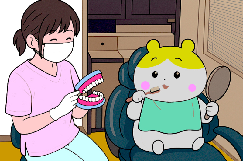イーデント歯科室/衛生士による歯磨き指導されるかわいいキャラクターのイラスト画像